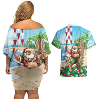 Hawaii Christmas Santa Claus Couples Matching Off Shoulder Short Dress and Hawaiian Shirt Mele Kalikimaka Tropical Beach