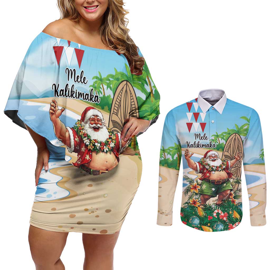 Hawaii Christmas Santa Claus Couples Matching Off Shoulder Short Dress and Long Sleeve Button Shirt Mele Kalikimaka Tropical Beach