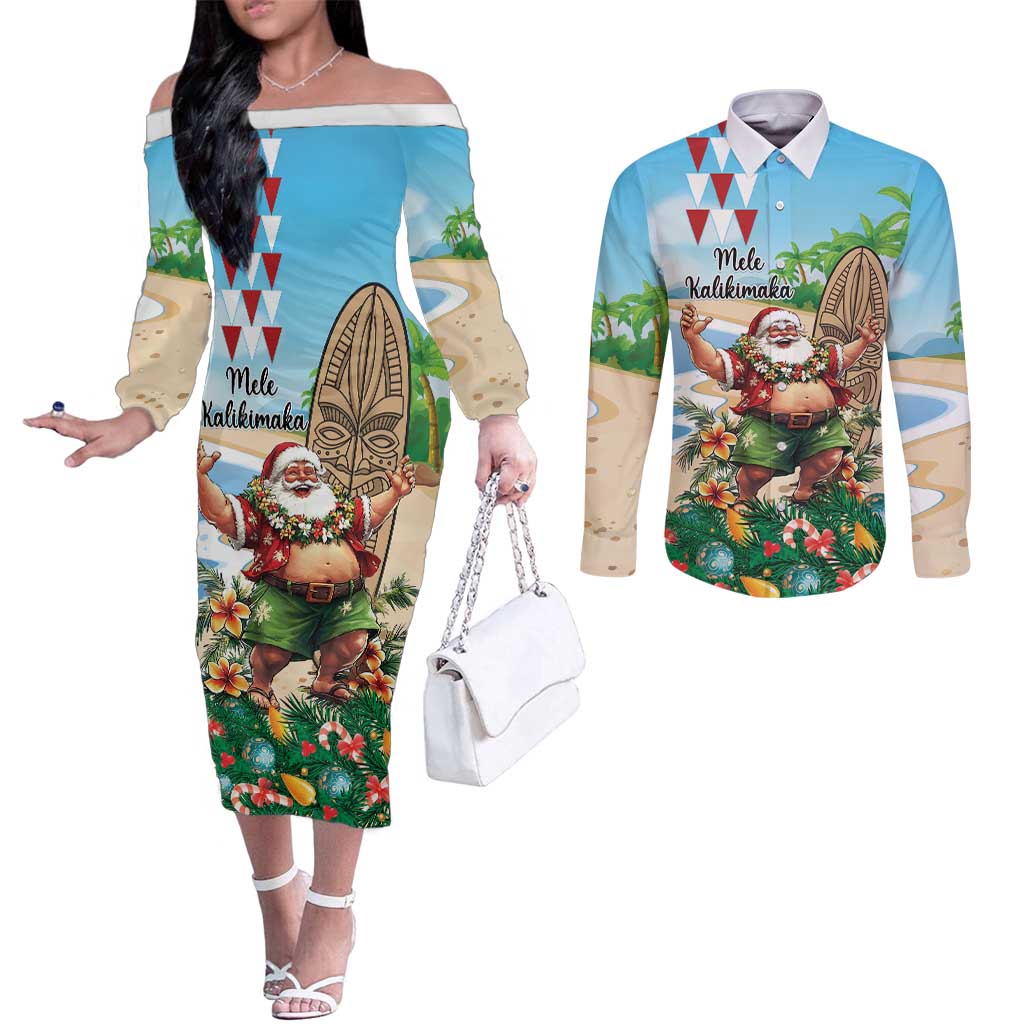 Hawaii Christmas Santa Claus Couples Matching Off The Shoulder Long Sleeve Dress and Long Sleeve Button Shirt Mele Kalikimaka Tropical Beach