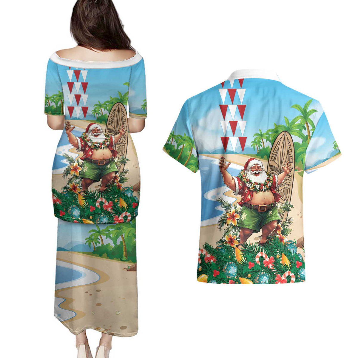 Hawaii Christmas Santa Claus Couples Matching Puletasi and Hawaiian Shirt Mele Kalikimaka Tropical Beach