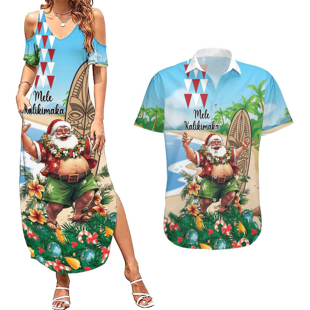 Hawaii Christmas Santa Claus Couples Matching Summer Maxi Dress and Hawaiian Shirt Mele Kalikimaka Tropical Beach