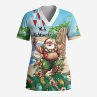 Hawaii Christmas Santa Claus Scrub Top Mele Kalikimaka Tropical Beach - Polynesian Pride