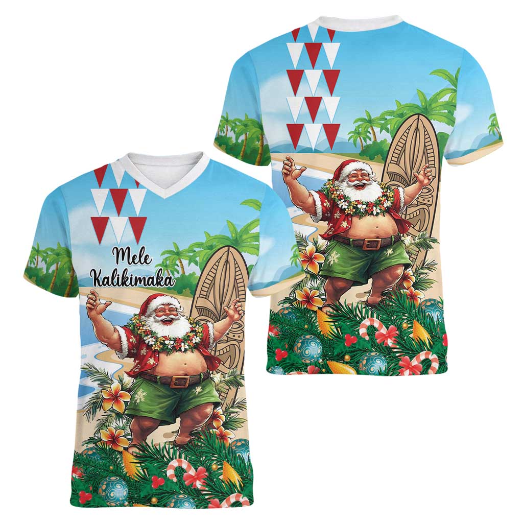 Hawaii Christmas Santa Claus Women V-Neck T-Shirt Mele Kalikimaka Tropical Beach