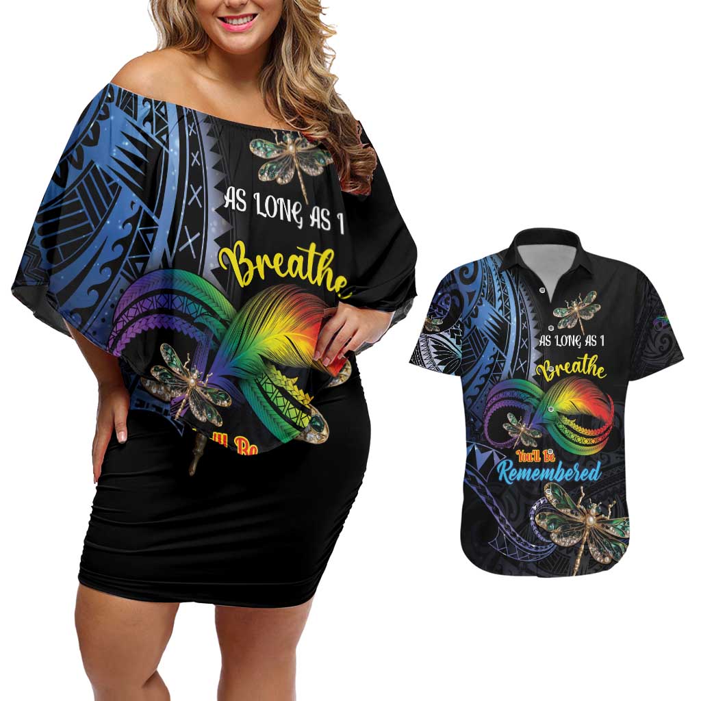 Personalised Polynesian Memorial Couples Matching Off Shoulder Short Dress and Hawaiian Shirt As Long As I Breathe You'll Be Remembered