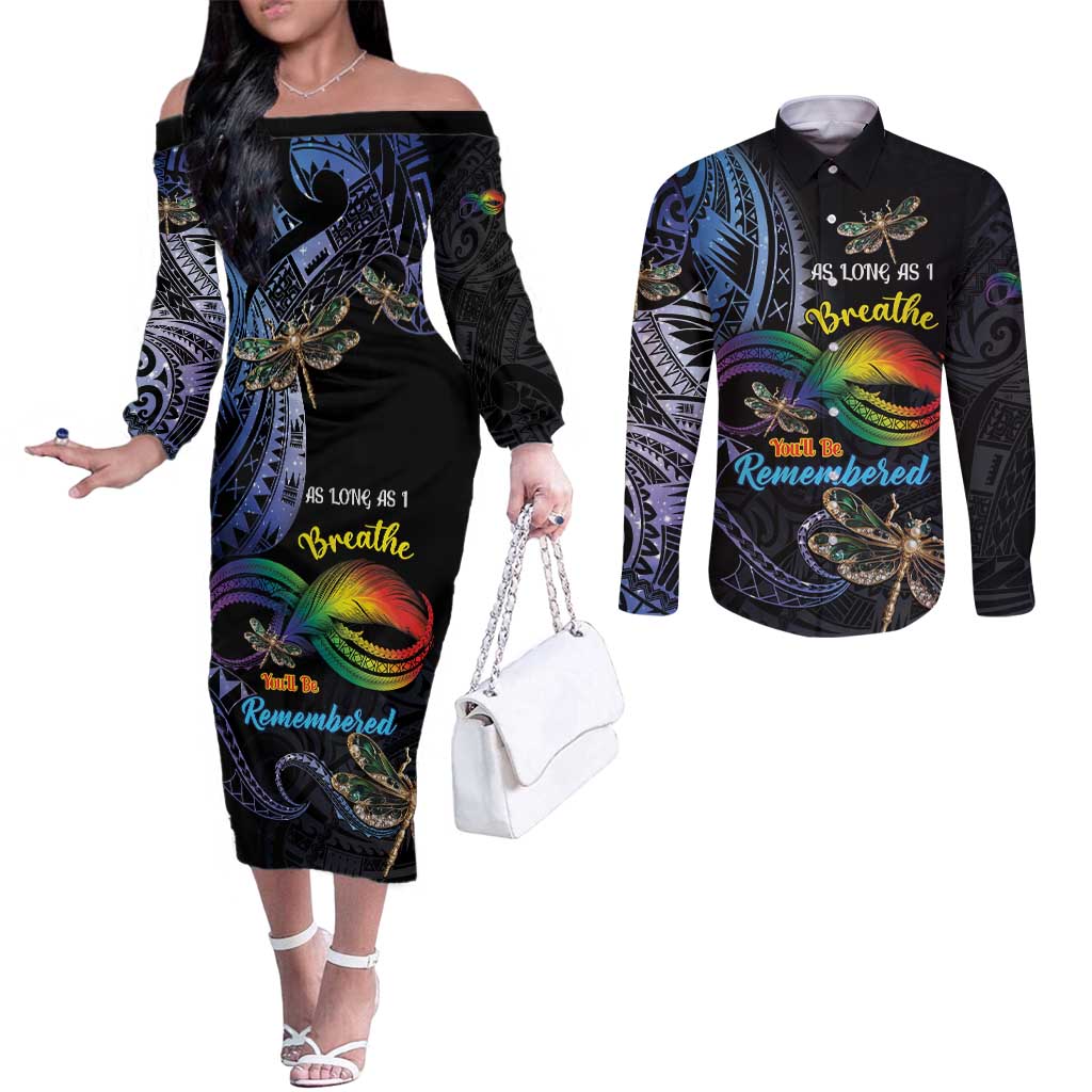Personalised Polynesian Memorial Couples Matching Off The Shoulder Long Sleeve Dress and Long Sleeve Button Shirt As Long As I Breathe You'll Be Remembered