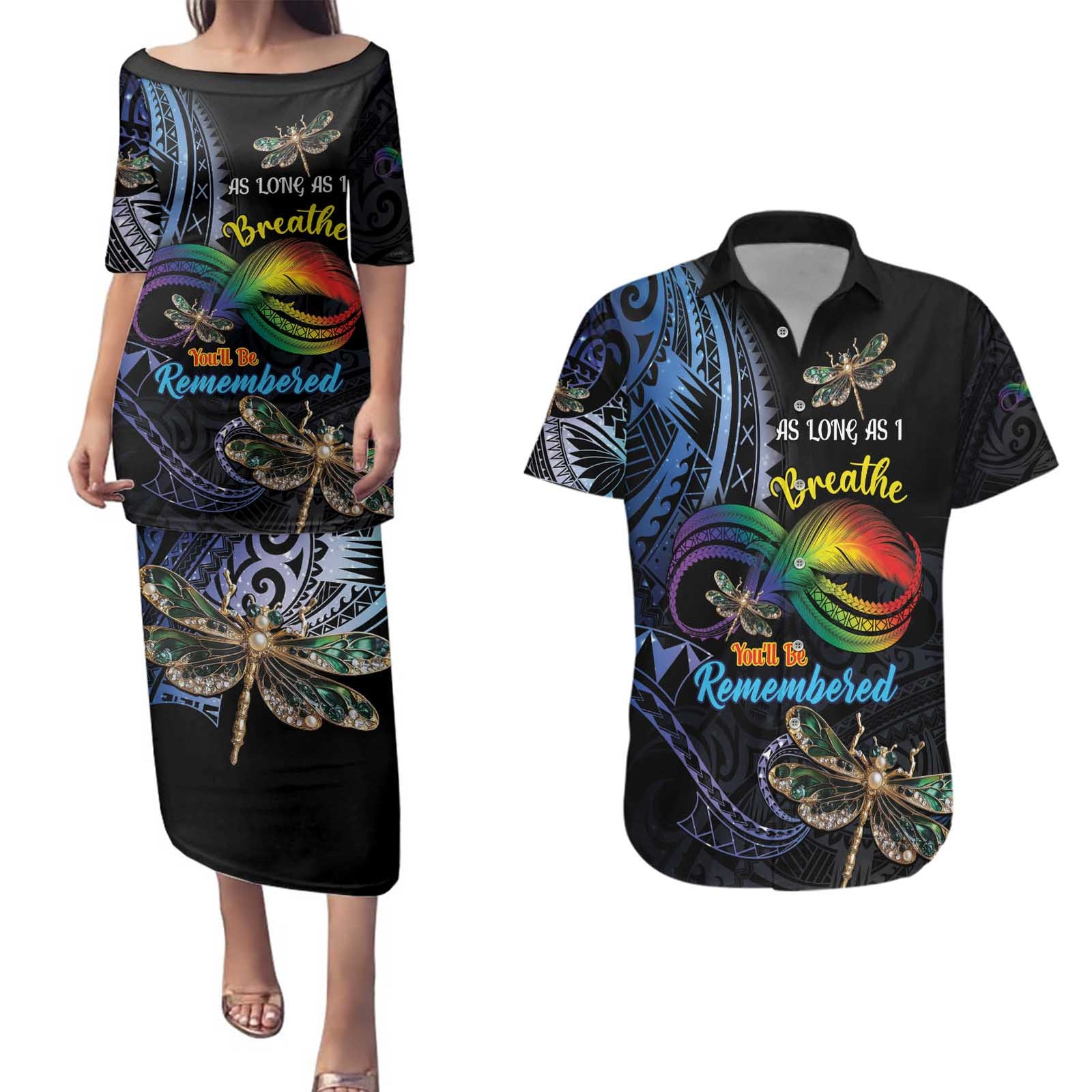 Personalised Polynesian Memorial Couples Matching Puletasi and Hawaiian Shirt As Long As I Breathe You'll Be Remembered