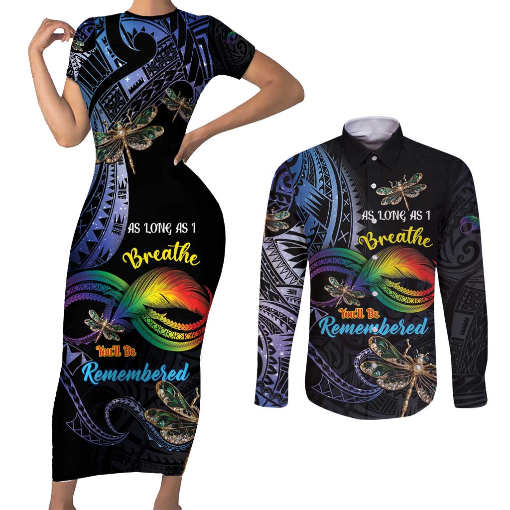 Personalised Polynesian Memorial Couples Matching Short Sleeve Bodycon Dress and Long Sleeve Button Shirt As Long As I Breathe You'll Be Remembered