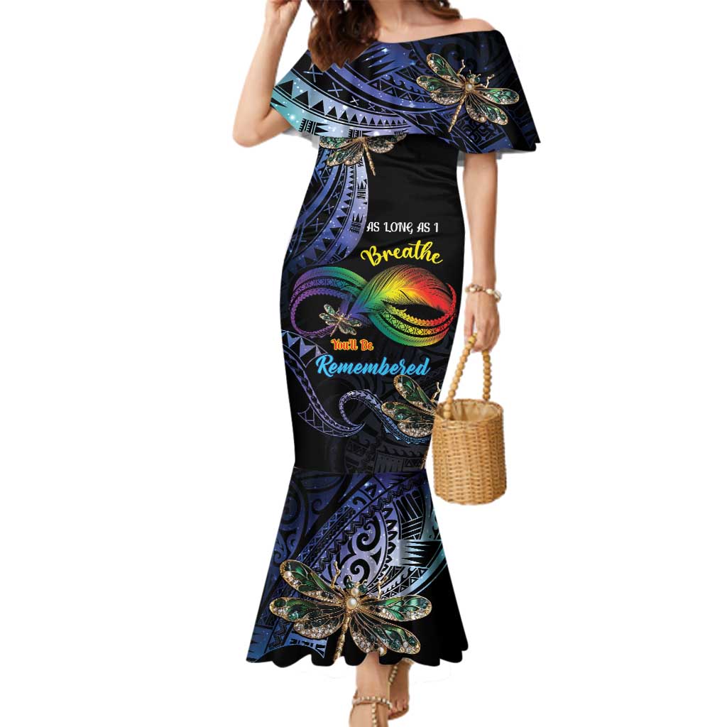 Personalised Polynesian Memorial Family Matching Mermaid Dress and Hawaiian Shirt As Long As I Breathe You'll Be Remembered