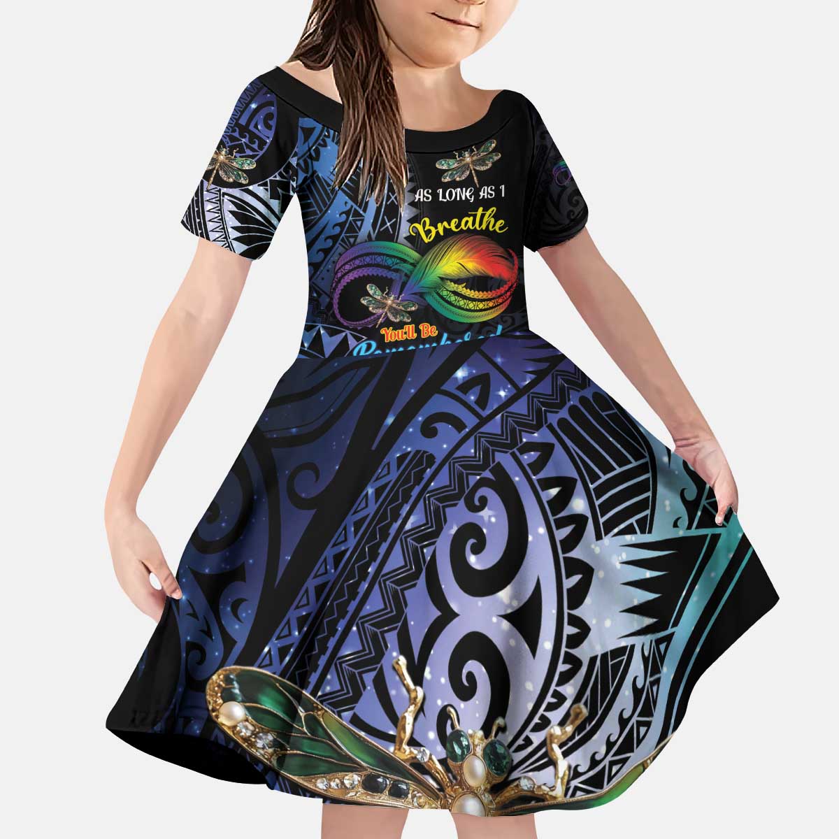 Personalised Polynesian Memorial Kid Short Sleeve Dress As Long As I Breathe You'll Be Remembered LT01 KID Colorful - Polynesian Pride
