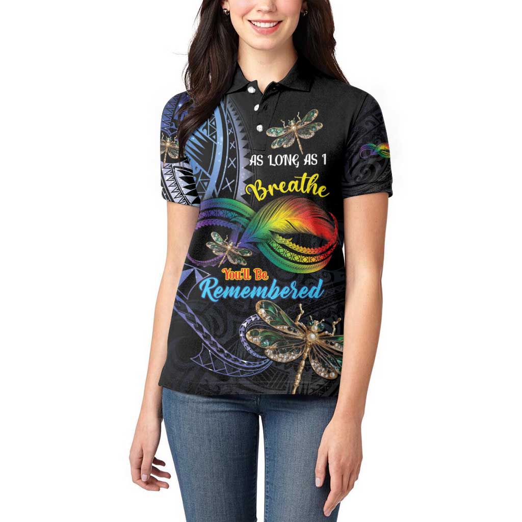 Personalised Polynesian Memorial Women Polo Shirt As Long As I Breathe You'll Be Remembered
