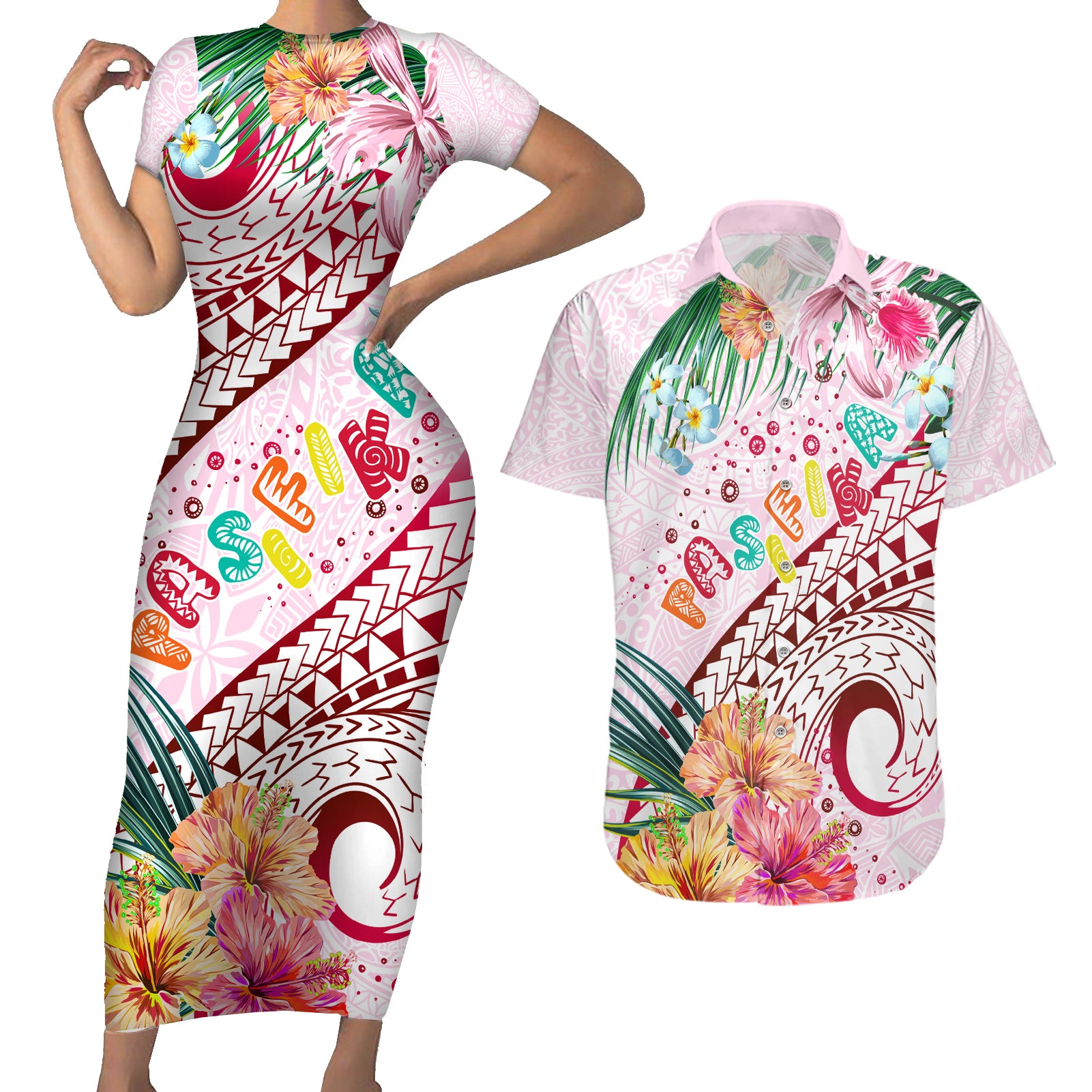 Pasifika Festival Couples Matching Short Sleeve Bodycon Dress and Hawaiian Shirt Tribal Pattern Tropical Style LT01 Pink - Polynesian Pride