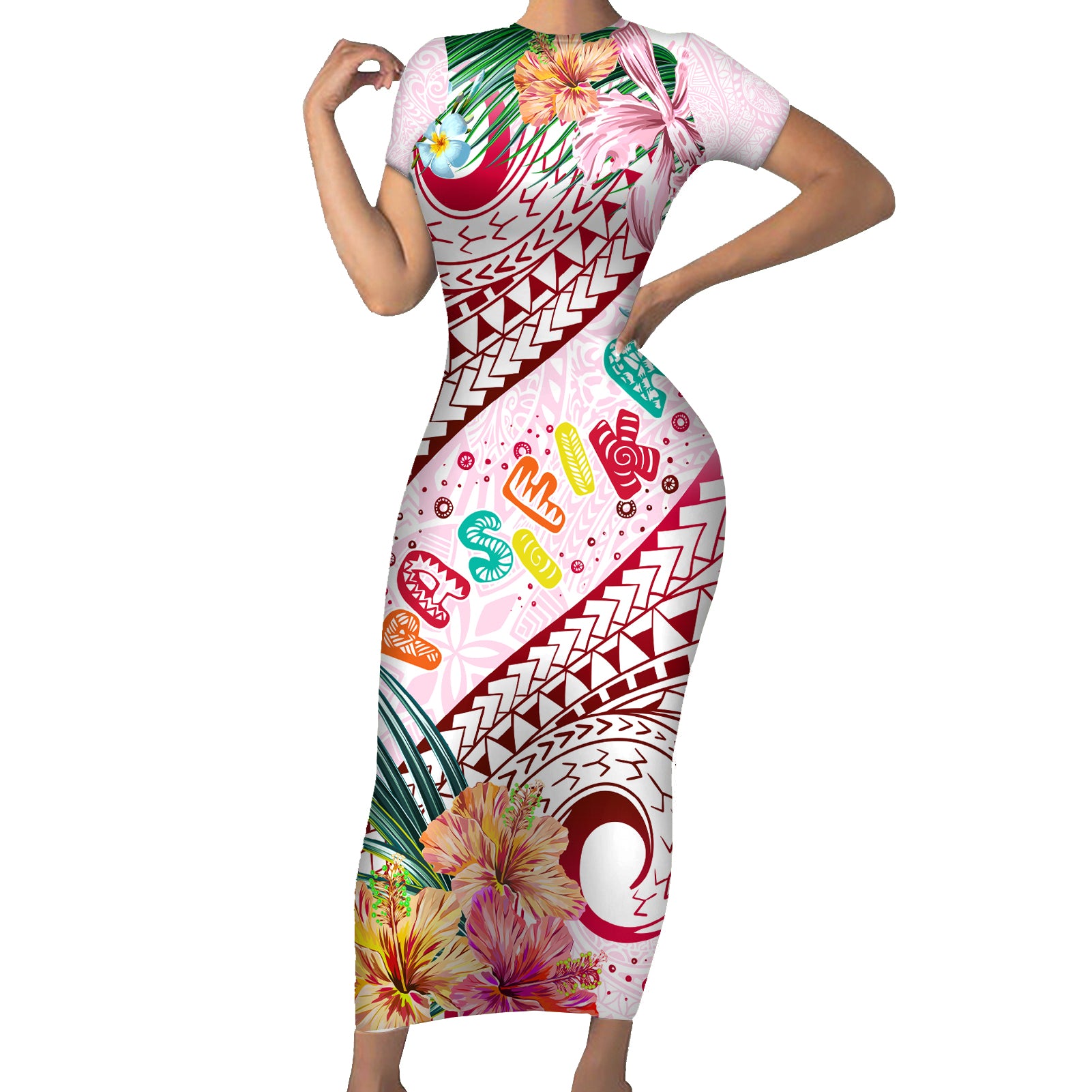 Pasifika Festival Short Sleeve Bodycon Dress Tribal Pattern Tropical Style LT01 Long Dress Pink - Polynesian Pride