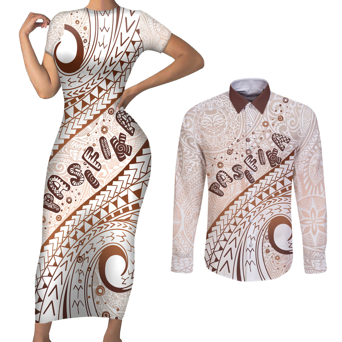 Pasifika Festival Couples Matching Short Sleeve Bodycon Dress and Long Sleeve Button Shirt Vintage Tribal Pattern LT01 Brown - Polynesian Pride