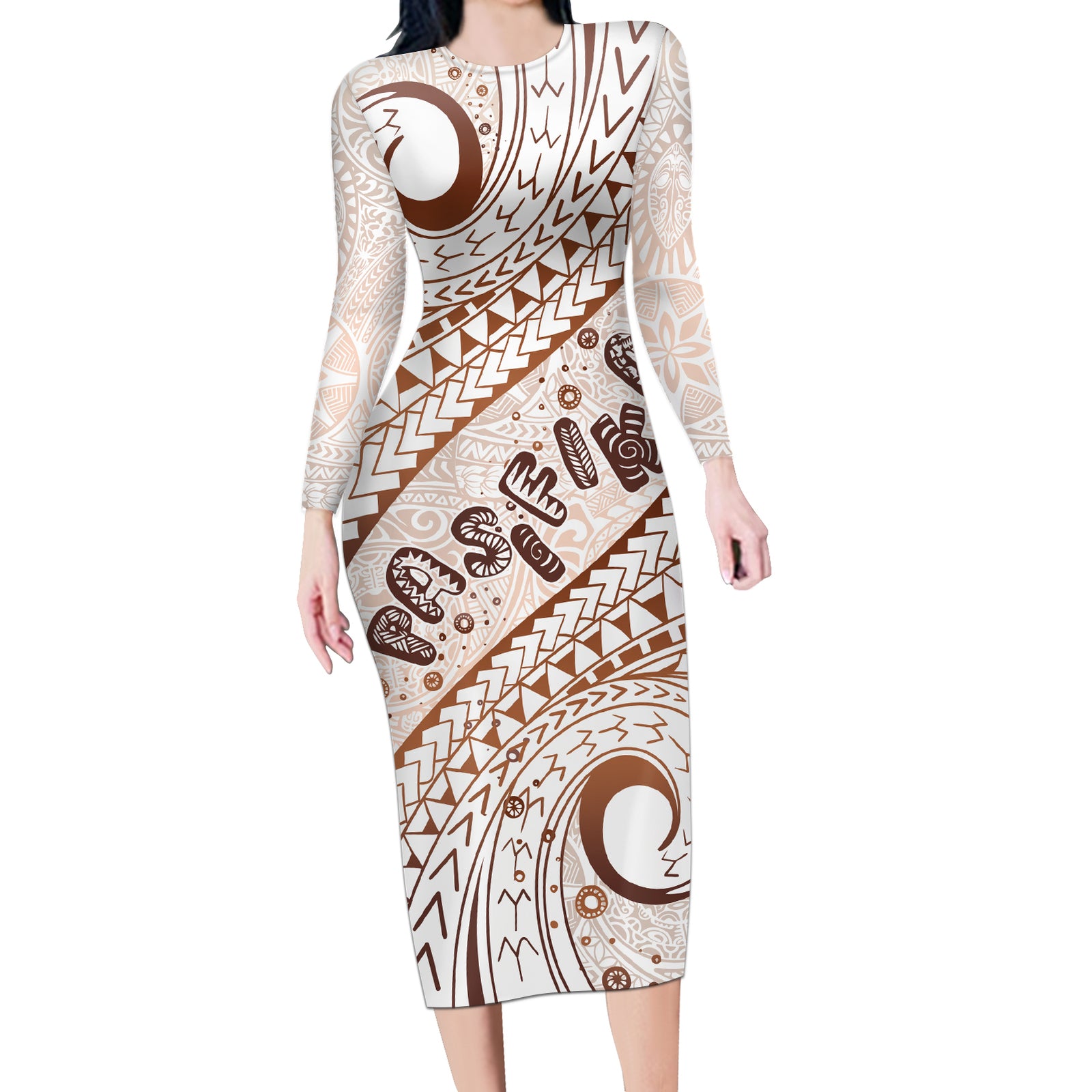 Pasifika Festival Long Sleeve Bodycon Dress Vintage Tribal Pattern LT01 Long Dress Brown - Polynesian Pride