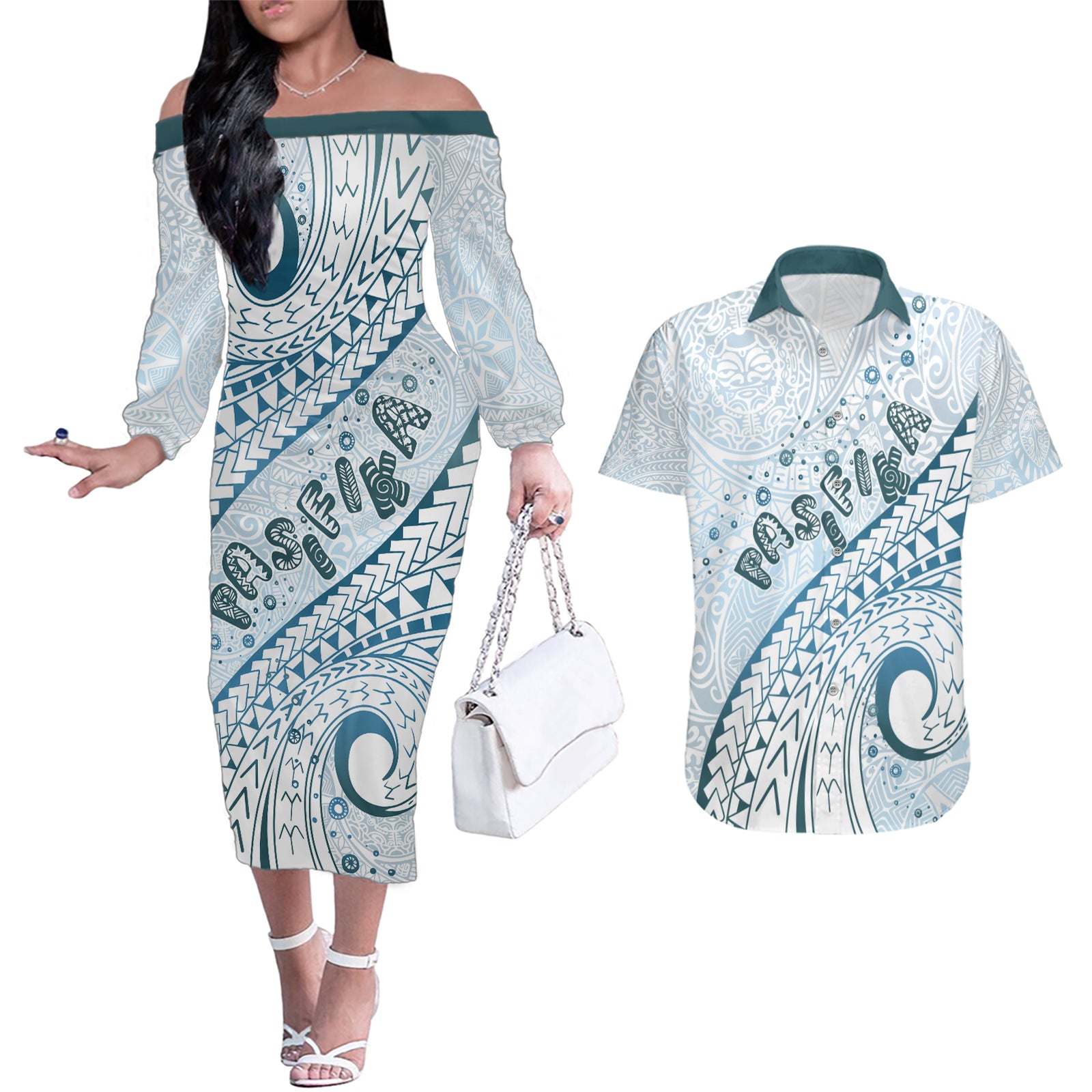 Pasifika Festival Couples Matching Off The Shoulder Long Sleeve Dress and Hawaiian Shirt Tribal Pattern Blue Version LT01 Blue - Polynesian Pride
