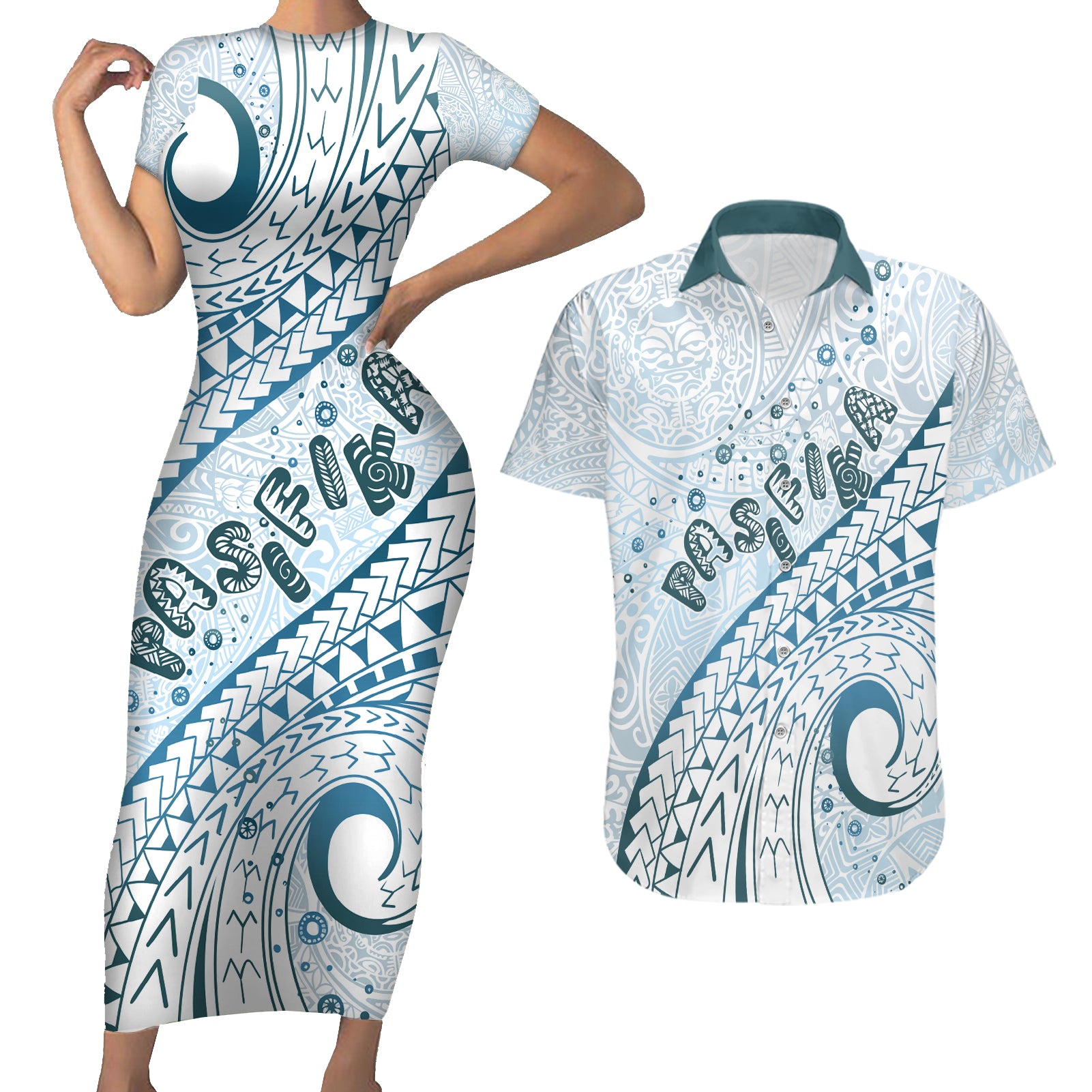 Pasifika Festival Couples Matching Short Sleeve Bodycon Dress and Hawaiian Shirt Tribal Pattern Blue Version LT01 Blue - Polynesian Pride