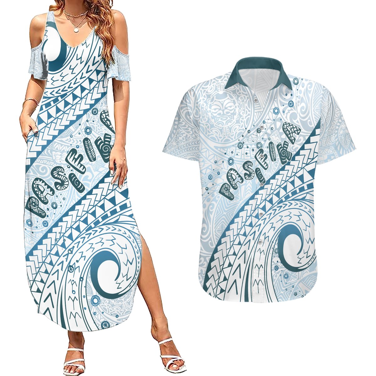 Pasifika Festival Couples Matching Summer Maxi Dress and Hawaiian Shirt Tribal Pattern Blue Version LT01 Blue - Polynesian Pride