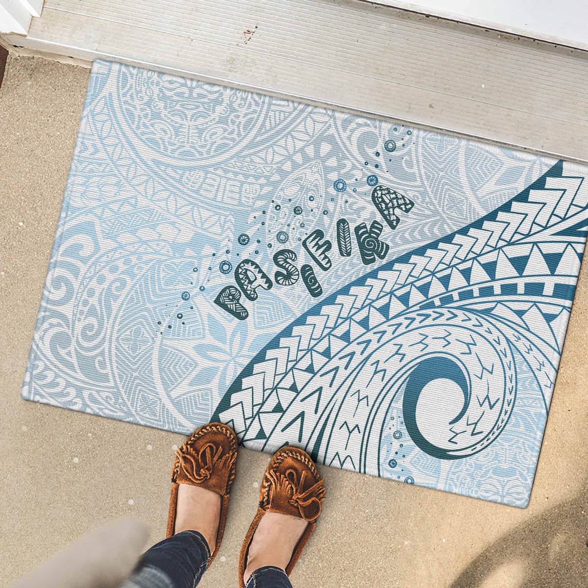 Pasifika Festival Rubber Doormat Tribal Pattern Blue Version