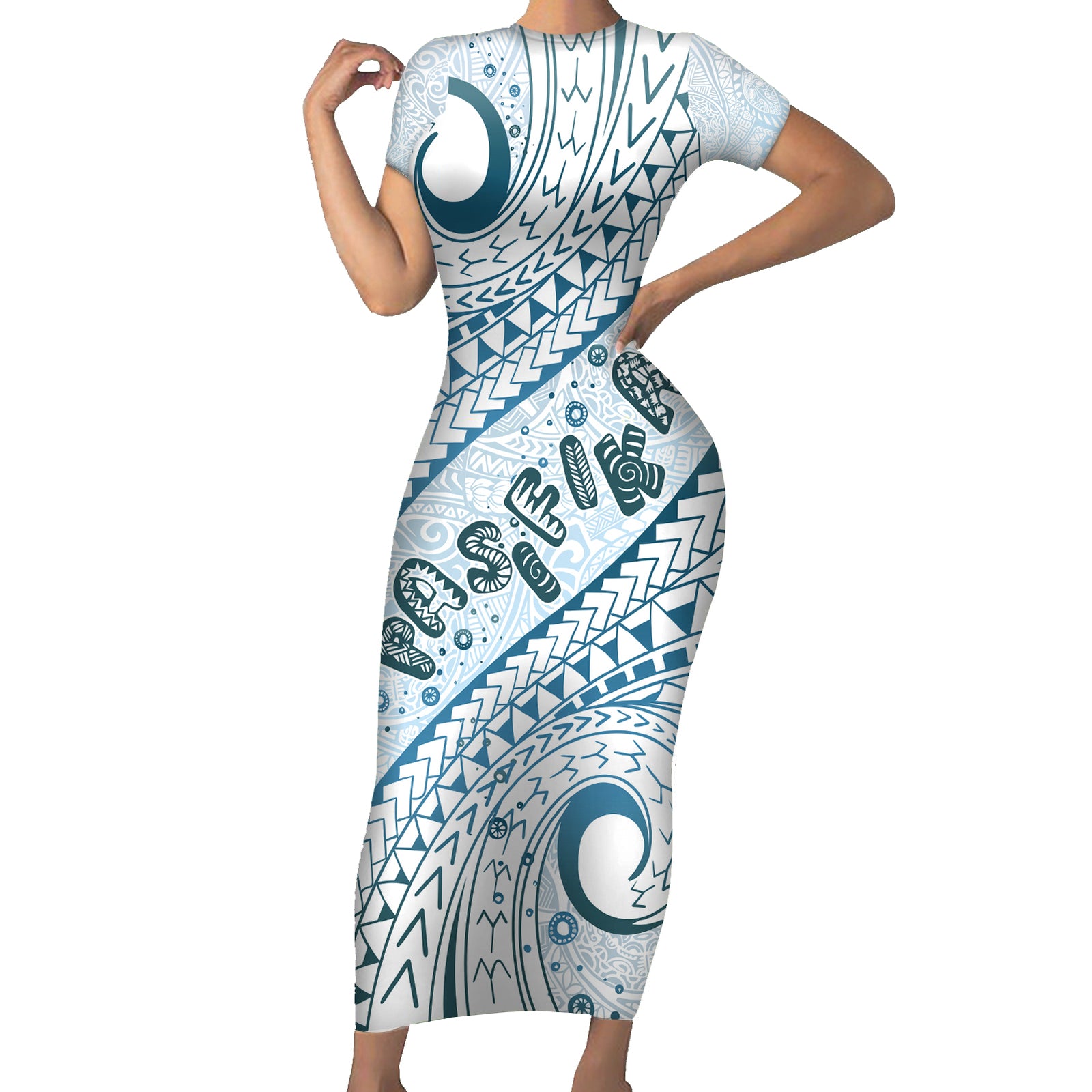 Pasifika Festival Short Sleeve Bodycon Dress Tribal Pattern Blue Version LT01 Long Dress Blue - Polynesian Pride
