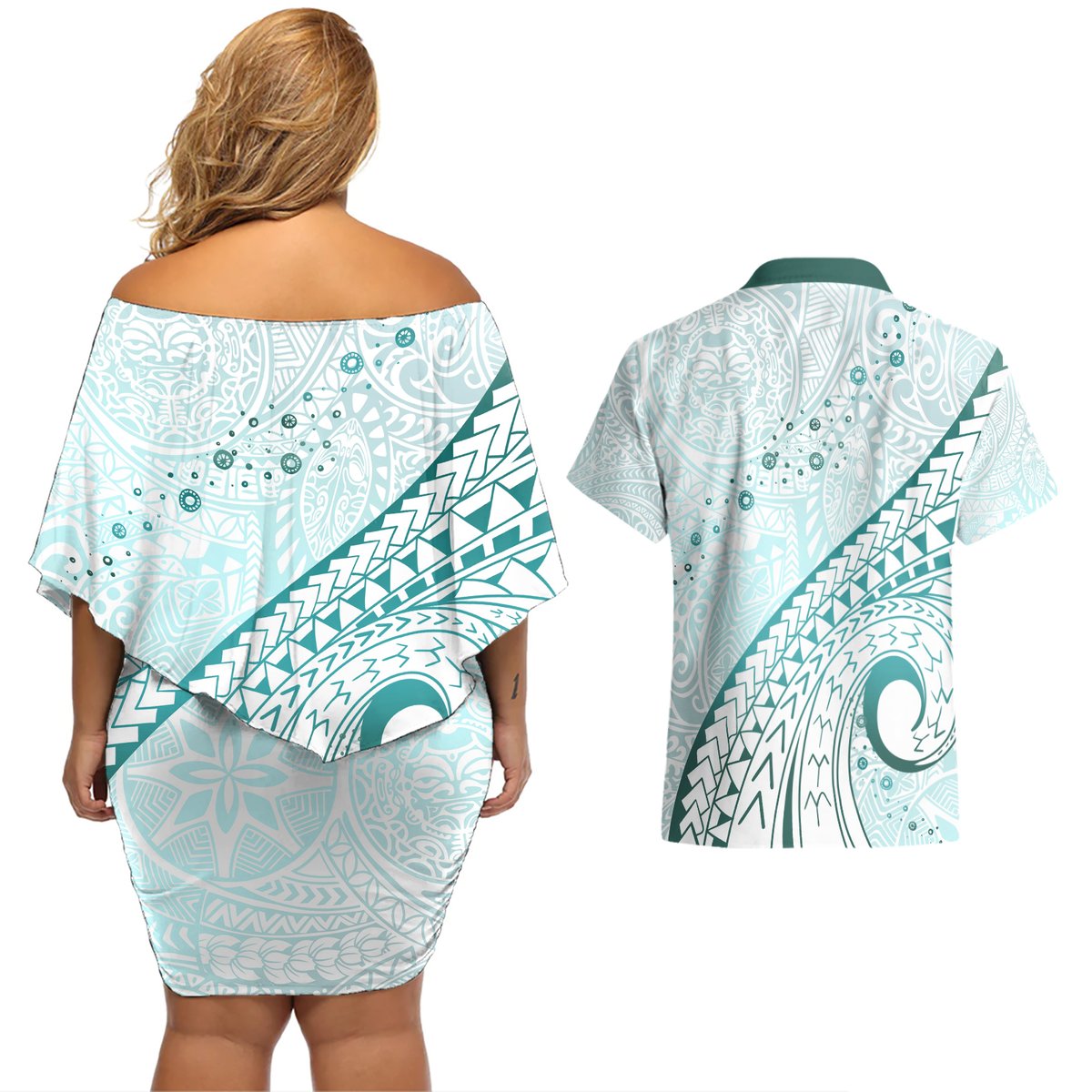Pasifika Festival Couples Matching Off Shoulder Short Dress and Hawaiian Shirt Tribal Pattern Teal Version LT01 - Polynesian Pride