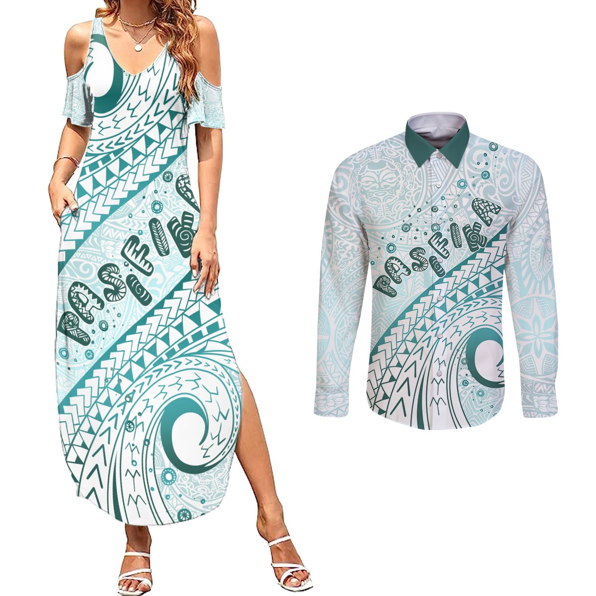 Pasifika Festival Couples Matching Summer Maxi Dress and Long Sleeve Button Shirt Tribal Pattern Teal Version LT01 Teal - Polynesian Pride