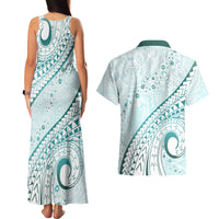Pasifika Festival Couples Matching Tank Maxi Dress and Hawaiian Shirt Tribal Pattern Teal Version LT01 - Polynesian Pride