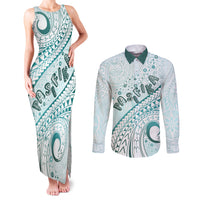 Pasifika Festival Couples Matching Tank Maxi Dress and Long Sleeve Button Shirt Tribal Pattern Teal Version LT01 Teal - Polynesian Pride