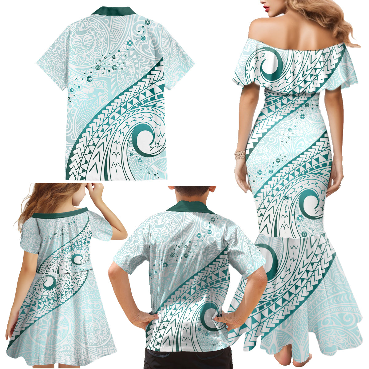Pasifika Festival Family Matching Mermaid Dress and Hawaiian Shirt Tribal Pattern Teal Version LT01 - Polynesian Pride