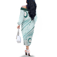 Pasifika Festival Family Matching Off Shoulder Long Sleeve Dress and Hawaiian Shirt Tribal Pattern Teal Version LT01 - Polynesian Pride