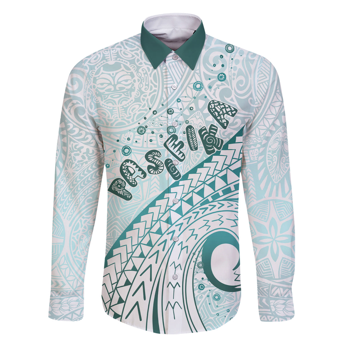 Pasifika Festival Family Matching Off Shoulder Short Dress and Hawaiian Shirt Tribal Pattern Teal Version LT01 Dad's Shirt - Long Sleeve Teal - Polynesian Pride