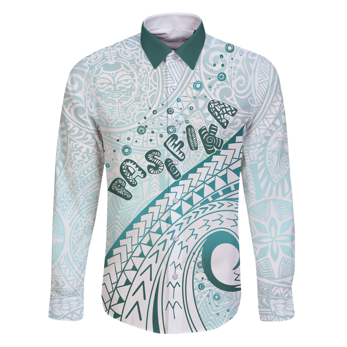 Pasifika Festival Family Matching Puletasi and Hawaiian Shirt Tribal Pattern Teal Version LT01 Dad's Shirt - Long Sleeve Teal - Polynesian Pride