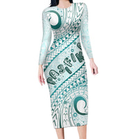 Pasifika Festival Long Sleeve Bodycon Dress Tribal Pattern Teal Version LT01 Long Dress Teal - Polynesian Pride