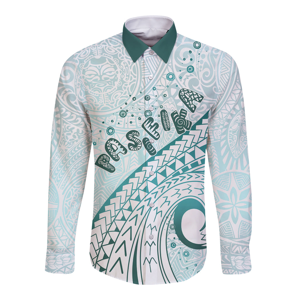 Pasifika Festival Long Sleeve Button Shirt Tribal Pattern Teal Version LT01 Unisex Teal - Polynesian Pride