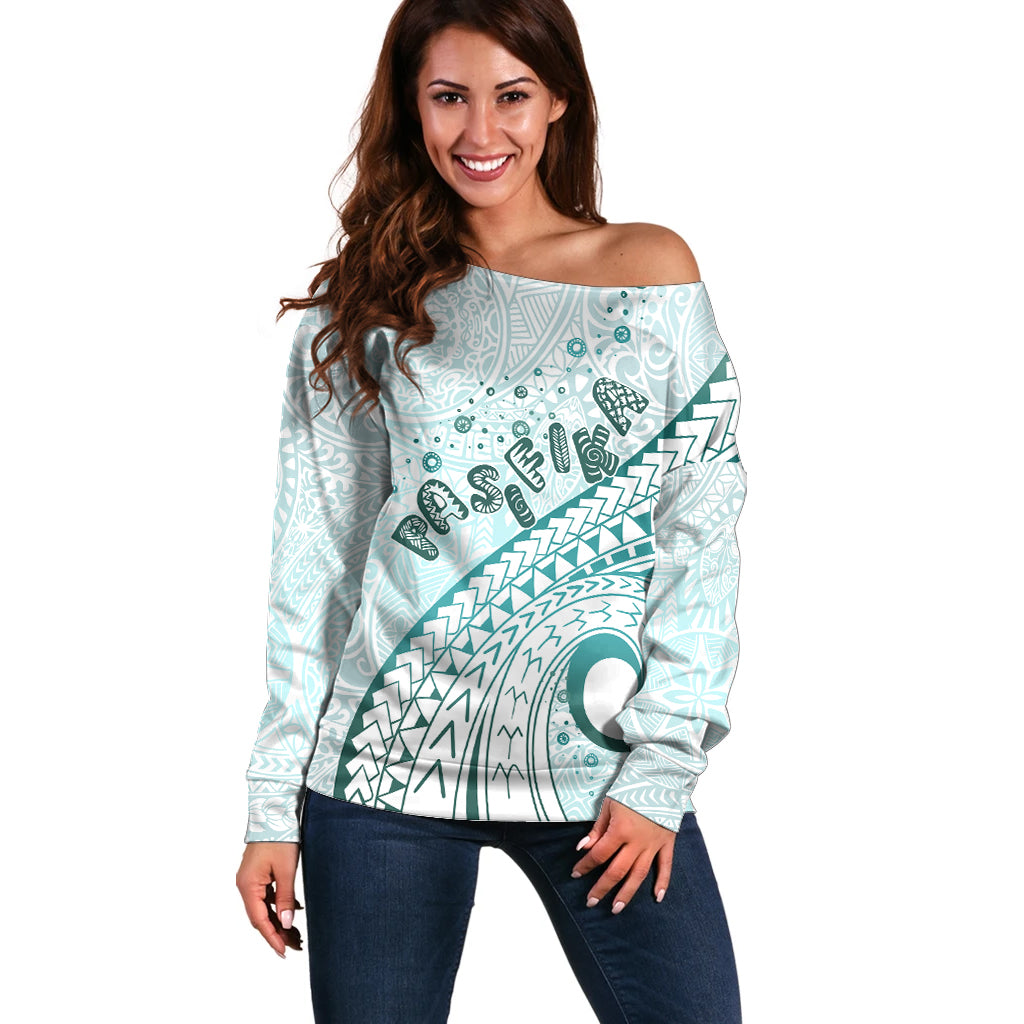 Pasifika Festival Off Shoulder Sweater Tribal Pattern Teal Version LT01
