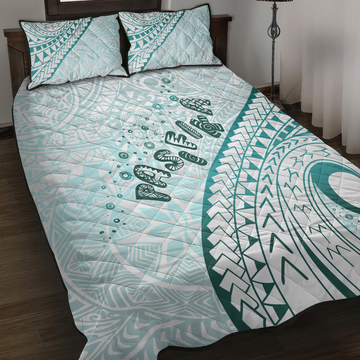 Pasifika Festival Quilt Bed Set Tribal Pattern Teal Version