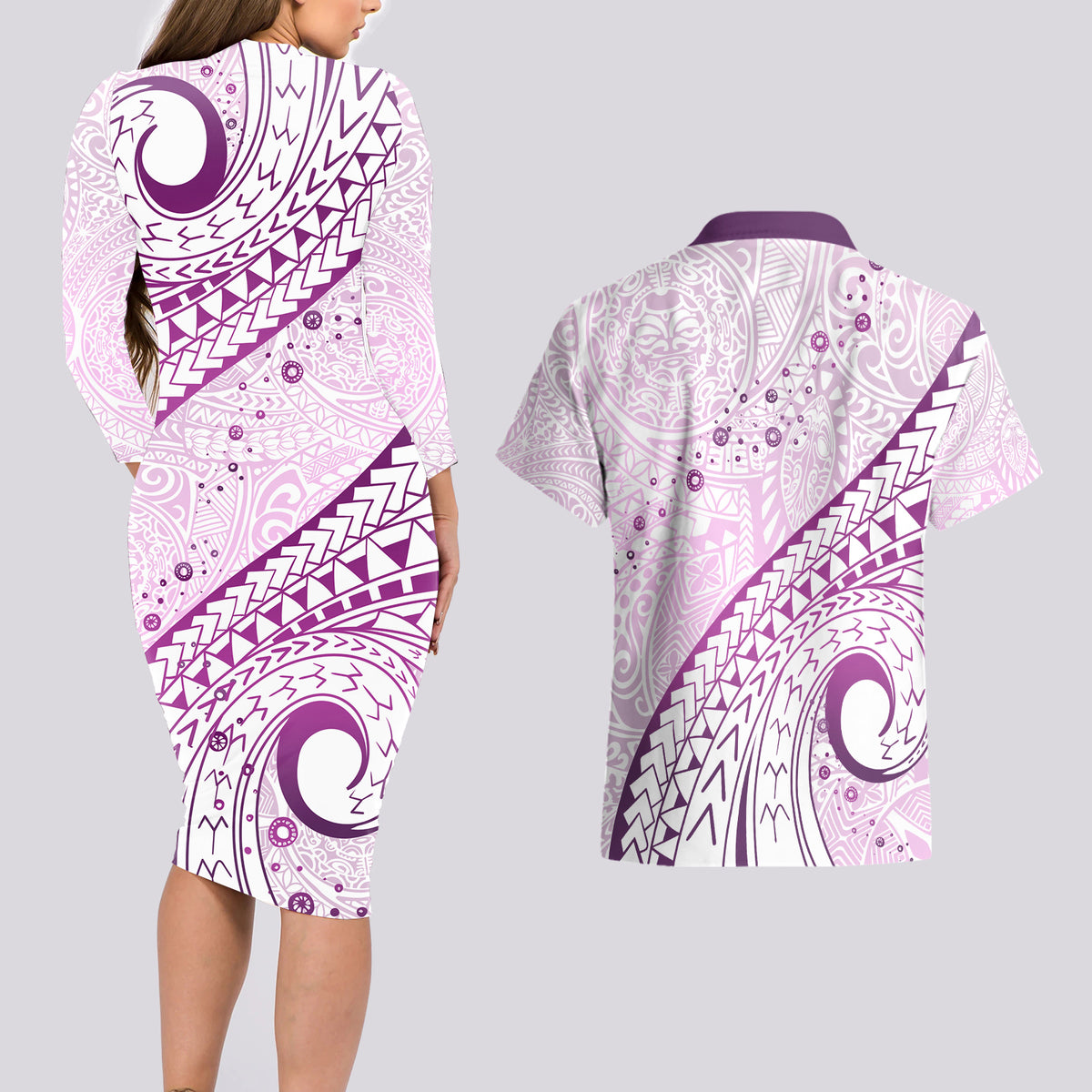 Pasifika Festival Couples Matching Long Sleeve Bodycon Dress and Hawaiian Shirt Tribal Pattern Lilac Version LT01 - Polynesian Pride