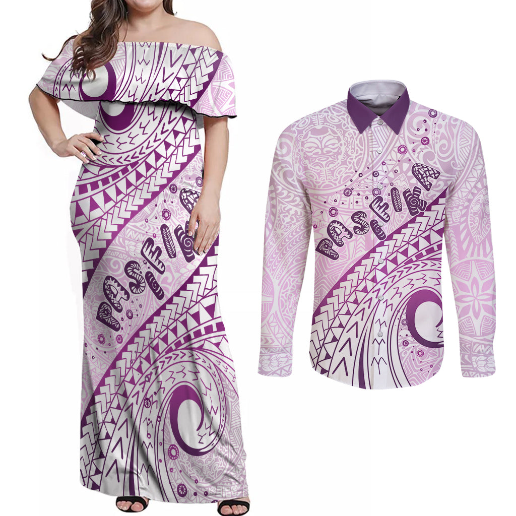 Pasifika Festival Couples Matching Off Shoulder Maxi Dress and Long Sleeve Button Shirt Tribal Pattern Lilac Version LT01 Purple - Polynesian Pride