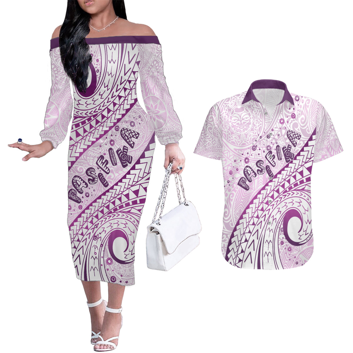 Pasifika Festival Couples Matching Off The Shoulder Long Sleeve Dress and Hawaiian Shirt Tribal Pattern Lilac Version LT01 Purple - Polynesian Pride