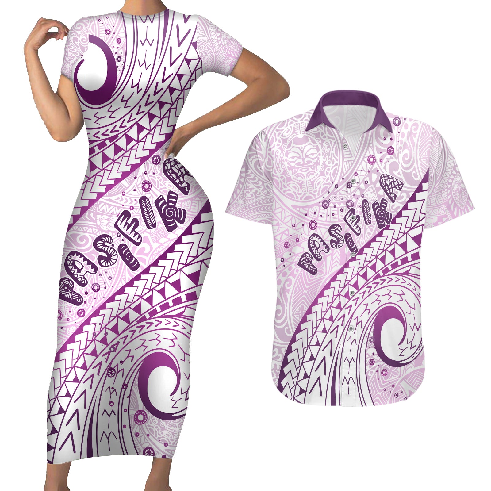 Pasifika Festival Couples Matching Short Sleeve Bodycon Dress and Hawaiian Shirt Tribal Pattern Lilac Version LT01 Purple - Polynesian Pride