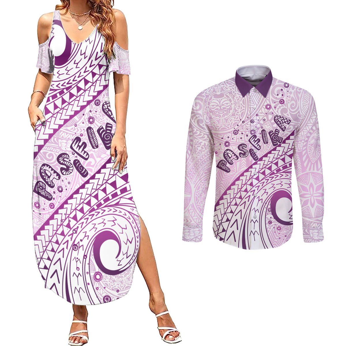 Pasifika Festival Couples Matching Summer Maxi Dress and Long Sleeve Button Shirt Tribal Pattern Lilac Version LT01 Purple - Polynesian Pride
