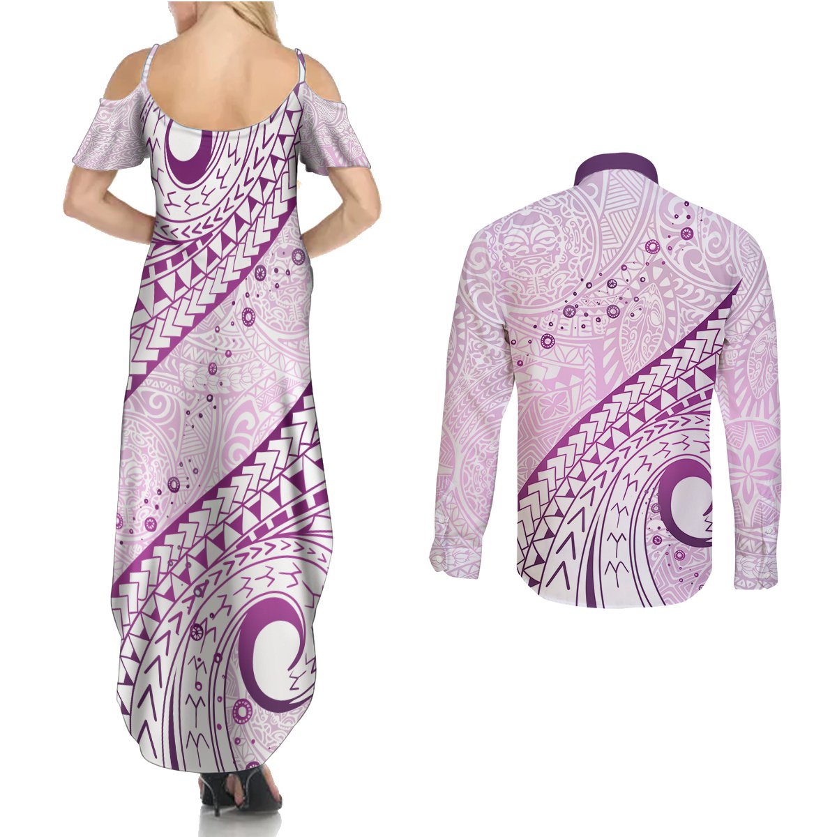 Pasifika Festival Couples Matching Summer Maxi Dress and Long Sleeve Button Shirt Tribal Pattern Lilac Version LT01 - Polynesian Pride