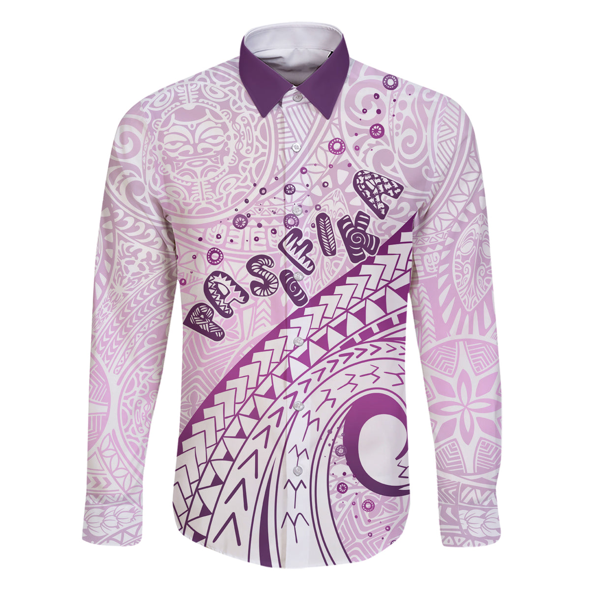 Pasifika Festival Family Matching Short Sleeve Bodycon Dress and Hawaiian Shirt Tribal Pattern Lilac Version LT01 Dad's Shirt - Long Sleeve Purple - Polynesian Pride