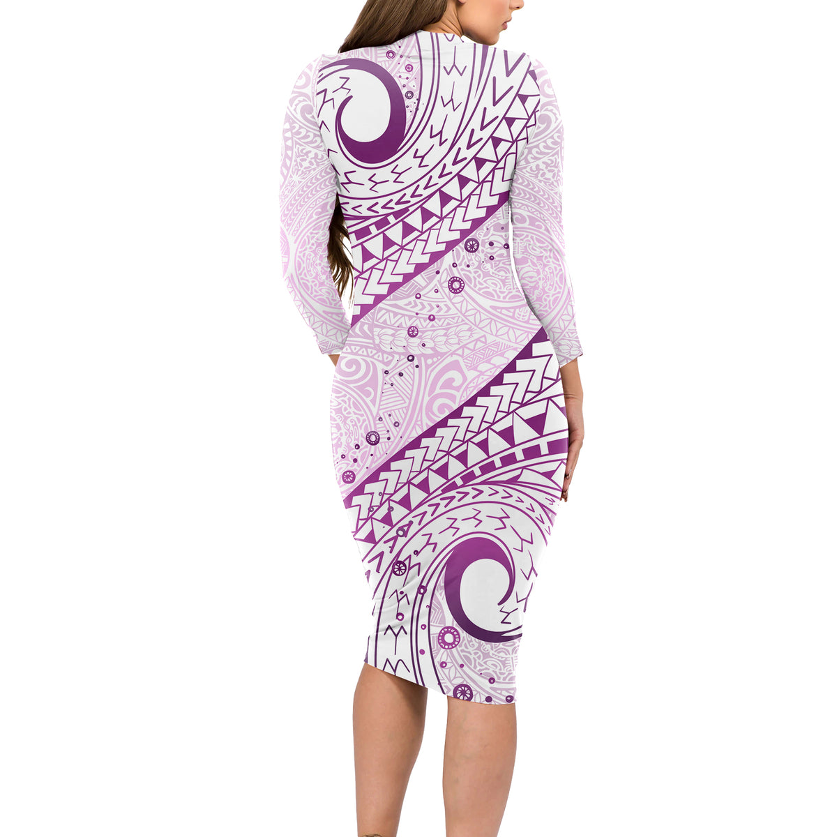 Pasifika Festival Long Sleeve Bodycon Dress Tribal Pattern Lilac Version LT01 - Polynesian Pride