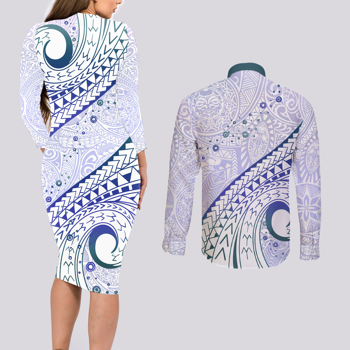 Pasifika Festival Couples Matching Long Sleeve Bodycon Dress and Long Sleeve Button Shirt Tribal Pattern Violet Version LT01 - Polynesian Pride