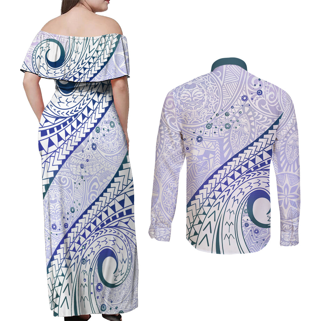 Pasifika Festival Couples Matching Off Shoulder Maxi Dress and Long Sleeve Button Shirt Tribal Pattern Violet Version LT01 - Polynesian Pride
