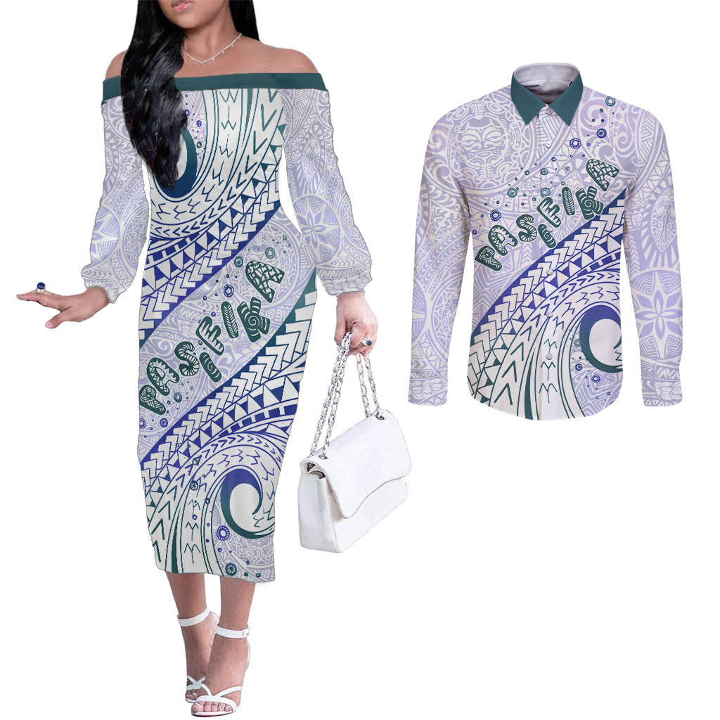 Pasifika Festival Couples Matching Off The Shoulder Long Sleeve Dress and Long Sleeve Button Shirt Tribal Pattern Violet Version LT01 Purple - Polynesian Pride