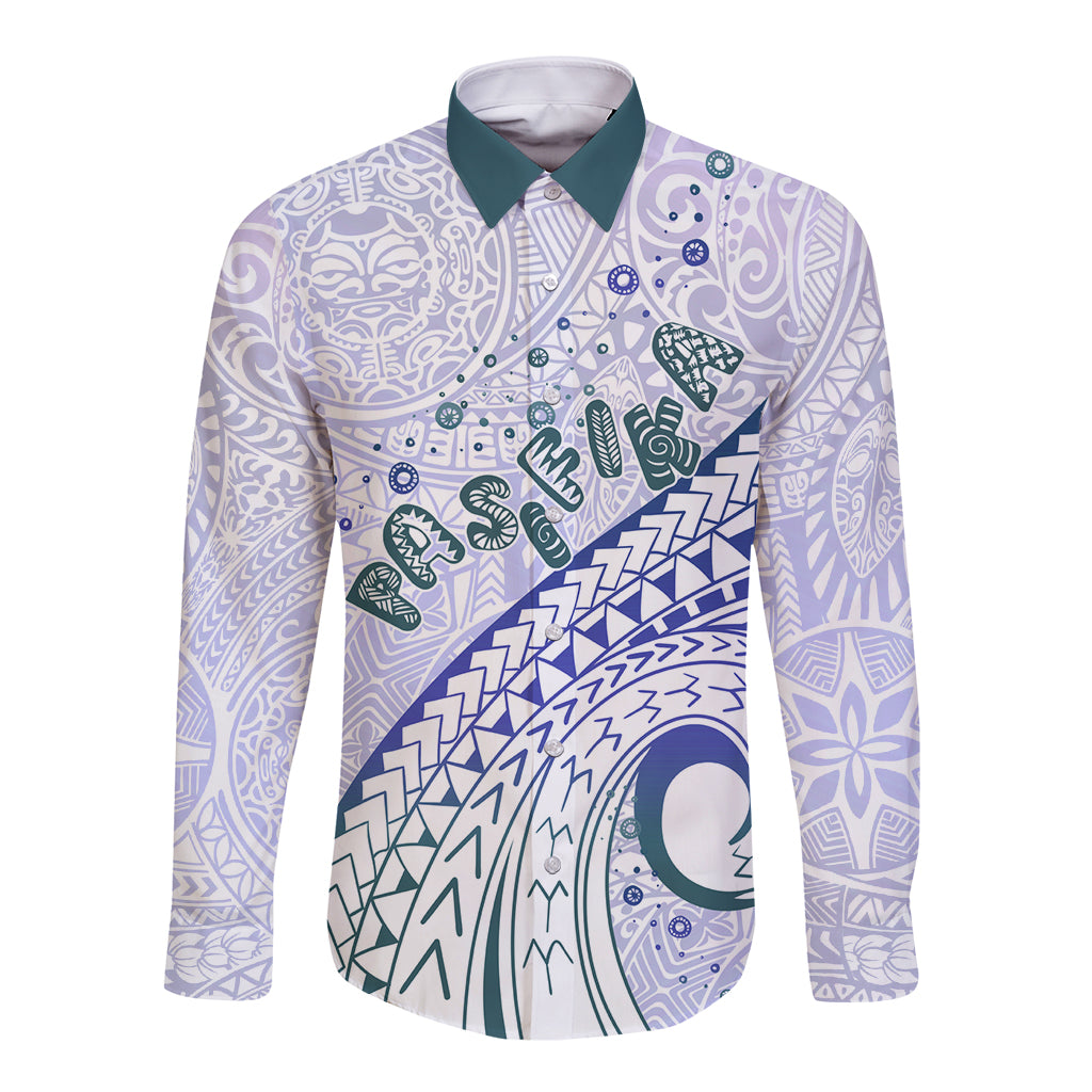 Pasifika Festival Long Sleeve Button Shirt Tribal Pattern Violet Version LT01 Unisex Purple - Polynesian Pride