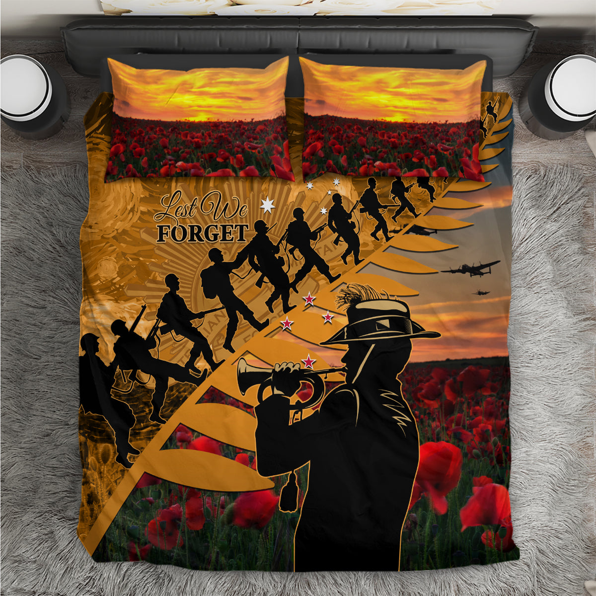 ANZAC Day 2024 Bedding Set Silver Fern With A Trumpet Soldier