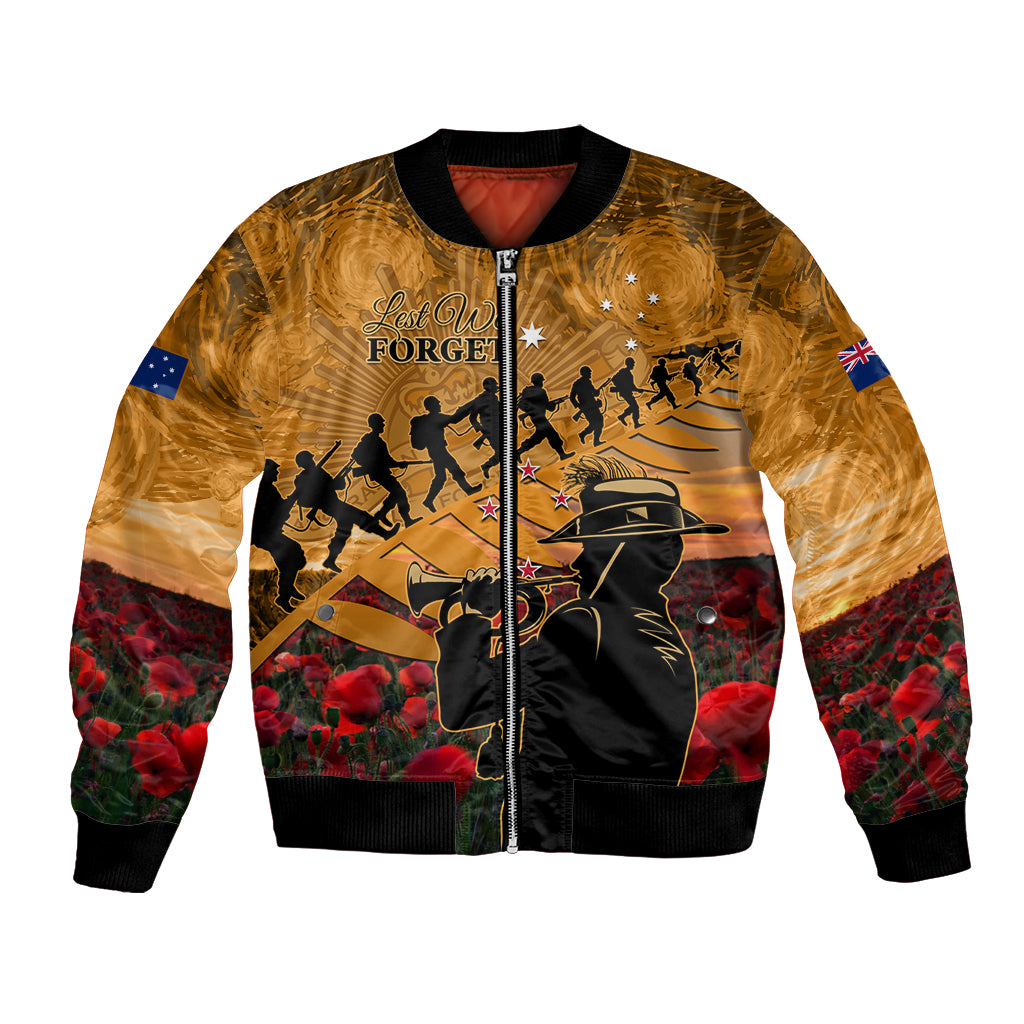 ANZAC Day 2024 Bomber Jacket Silver Fern With A Trumpet Soldier LT01 Unisex Art - Polynesian Pride