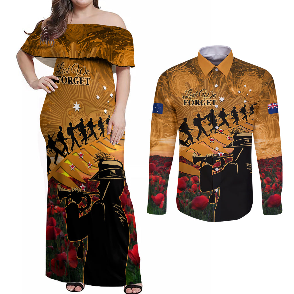 ANZAC Day 2024 Couples Matching Off Shoulder Maxi Dress and Long Sleeve Button Shirt Silver Fern With A Trumpet Soldier LT01 Art - Polynesian Pride